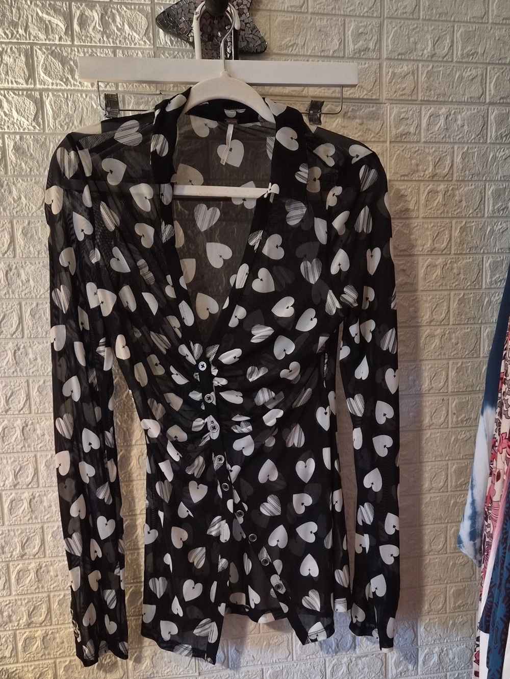 Free People Black Sheer Blouse with White Heart Print medium euc